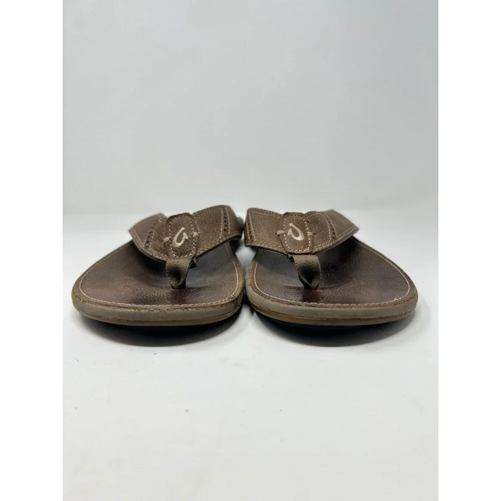 OluKai Men's Nui Brown Leather Flip Flop Sandals Men’s Size 10
